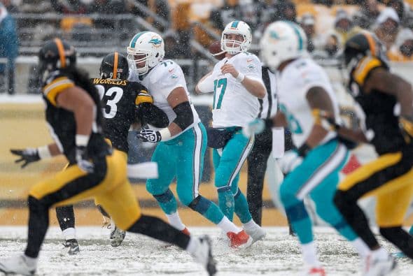 Los fanáticos de los Dolphins ya no hablan de la controversia Incognito/Martin, ni si Ireland o Philbin estarán con el equipo en el 2014, sino que pasan horas calculando… ¡porque tenemos chance de ir a los playoffs! Al principio de la temporada, y sobre todo, después de perder -casi deshonrosamente- contra Tampa Bay y Buffalo, los comentarios sobre Miami eran negativos. Qué si las novatadas, qué si Tannenhill, qué si el running game, qué si la línea ofensiva, que si… qué se yo… Pero ahora, las cosas han cambiado y solo se mencionan las posibilidades que tenemos de jugar en enero. ¡Ay, bendito! Bueno, después de este encontronazo con los portadores de las terribles toallas amarillas, donde salimos vencedores … por media pulgada… 34-28, ya todo me parece posible. Arriba Tannenhill (20 de 33, para 200 yds); arriba Wake and Odrich; arriba Thomas (105 yds, un TD en 16 acarreos); arriba Clay con sus dos TD y arriba Philbin, que mantiene el invicto en la revisión de las jugadas (obtuvo el cambio de “incomplete pass” a TD de Hartline). ¡Arriba, Dolphins, seguimos cuesta arriba!