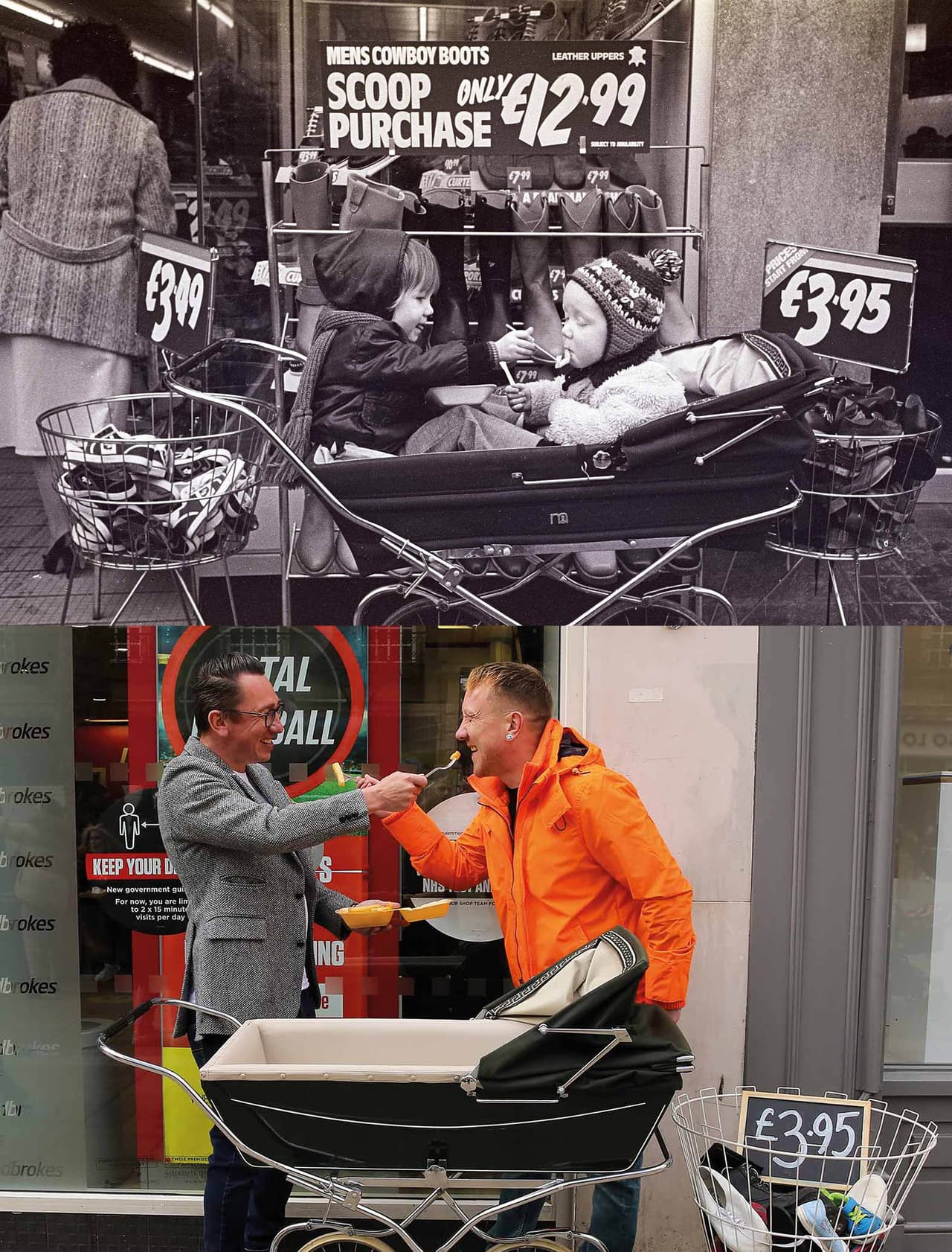 Los hermanos de uno y dos años de edad, Mark y Matt Court, fotografiados comiendo papas fritas mientras su madre compraba unos zapatos en 1980.
<br>
<br>La segunda foto fue tomada en abril de 2021. “No teníamos idea de esta foto, un amigo la vio en Facebook y me reconoció”, declaró Matt para el nuevo libro '
<i>Reunions II'.</i>