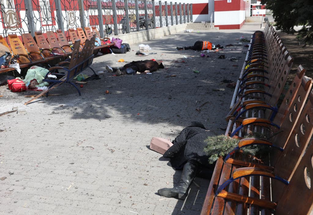 EDITORS NOTE: Graphic content / Casualties are seen lying on the platform in the aftermath of a rocket attack on the railway station in the eastern city of Kramatorsk, in the Donbass region on April 8, 2022. - More than 30 people were killed and over 100 injured in a rocket attack on a train station in Kramatorsk in eastern Ukraine on Friday, the head of the national railway company said. (Photo by Anatolii STEPANOV / AFP) (Photo by ANATOLII STEPANOV/AFP via Getty Images)