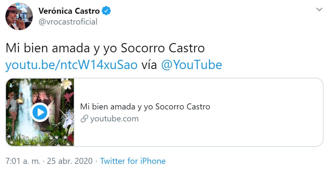 La mañana de este sábado Verónica Castro compartió un video en Twitter con fotografías donde ella y toda su familia aparecen junto a su madre. 
<br>