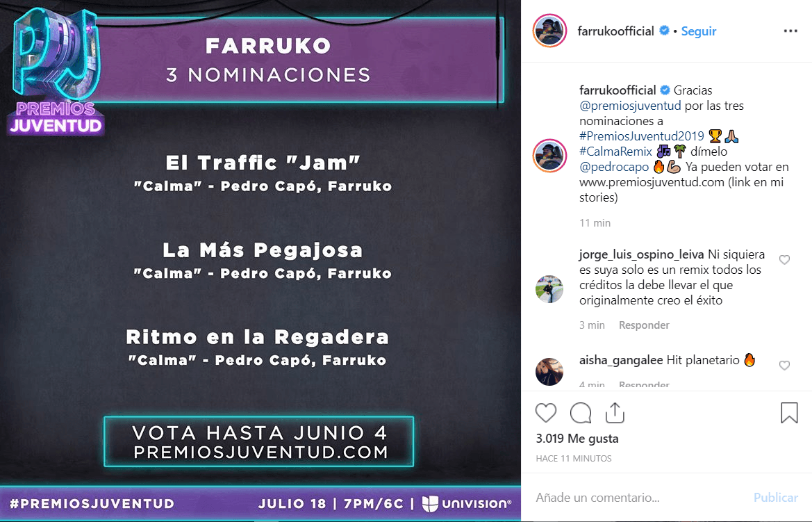 Farruko también llamó a sus fans a votar en las tres categorías en las que está nominado. Celebró en la descripción de la foto con etiquetas y emoticones.