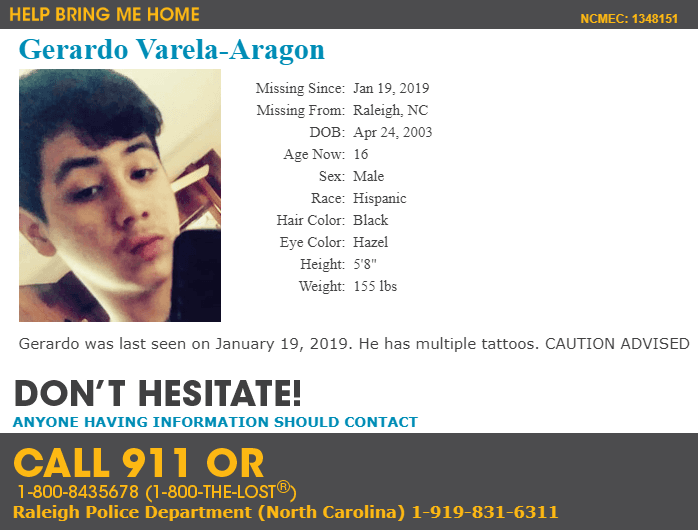 Niños y Adolescentes hispanos extraviados en Carolina del Norte