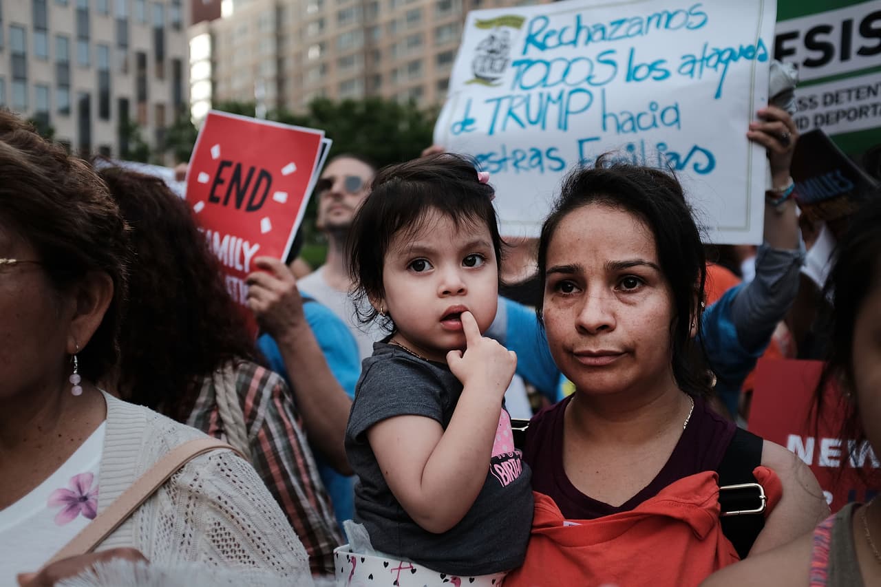 NEW YORK, NY - JUNE 01: Immigrant rights advocates and others participate in rally and and demonstration at the Federal Building in lower Manhattan against the Trump administration's policy that enables federal agents to take migrant children away from their parents at the border on June 1, 2018 in New York City. In coordinated marches across the country people are gathering outside U.S. Immigration and Customs Enforcement (ICE) field offices, U.S. attorney's offices, and the Deparment of Justice headquarters in Washington, D.C., to put increasing pressure on the Trump administration's family separation policy at the border. (Photo by Spencer Platt/Getty Images)