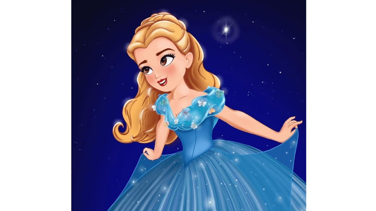 También contamos con una ilustración de la 
<b>Cenicienta</b> ya convertida en princesa, los rasgos de la pequeña la hacen lucir angelical.