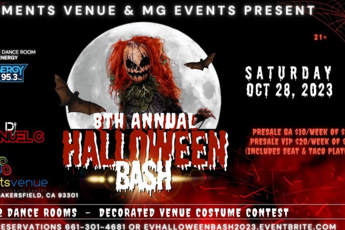 Octava Fiesta Anual de Halloween 2023, se realizará el 28 de octubre a partir de las 8:00 de la noche, en Elements Venue & Banquet Centre, Bakersfield. Es para mayores de 21 años, habrá música, bebidas, baile para que disfruten de una noche de terror. Para comprar las entradas y más información llama al 661-301-4681 o evhalloweenbash2023@eventbrite.com