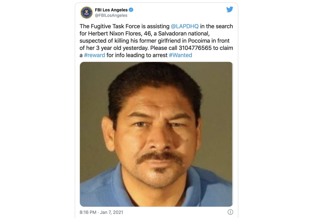 El FBI se unió a la búsqueda de Flores. "Es un hombre muy peligroso, está armado, así que si usted lo ve no se le acerque, no lo confronte", dijo Jader Chaves, portavoz del LAPD.
