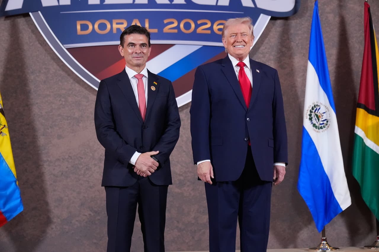 President Donald Trump poses with President of Bolivia Rodrigo Paz Pereira at the Shield of the Americas Summit, Saturday, March 7, 2026, at Trump National Doral Miami in Doral, Fla. (AP Photo/Mark Schiefelbein)
