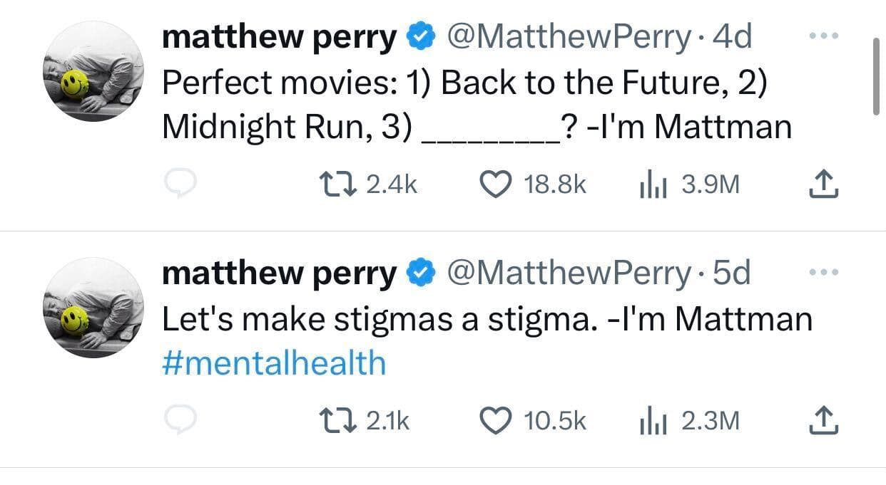 Estos son dos ejemplos de los mensajes que Matthew Perry publicó en redes sociales antes de morir y en los que se nombraba "'Mattman'".