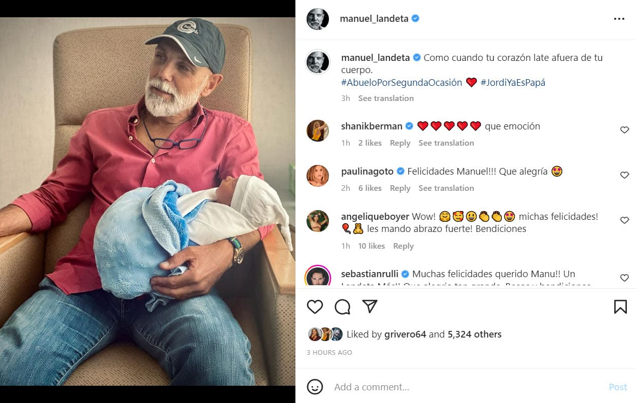 La noticia la compartió el 30 de septiembre a través de Instagram con esta tierna fotografía: "Como cuando 
<b>tu corazón late afuera de tu cuerpo</b>. Abuelo por segunda ocasión. Jordi ya es papá", escribió.
<br>