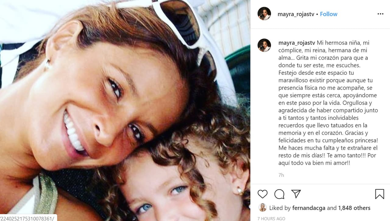 A Mayra aún le duele la ausencia de su hermana, pero agradece los momentos que vivió con ella. En 
<b><a href="https://www.instagram.com/p/B8Y24lzJ2cb/" target="_blank">una publicación</a></b> en su cuenta de Instagram del pasado 10 de febrero le escribió: "¡Me haces mucha falta y te extrañaré el resto de mis días! ¡Te amo tanto!" para luego rematar con "¡
<b>por aquí todo va bien </b>mi amor!". 
<br>