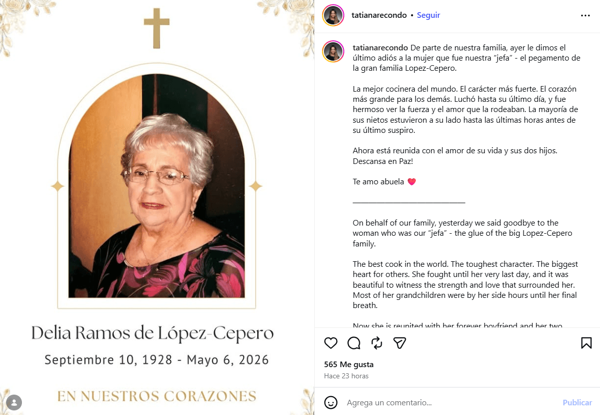 Tatiana Recondo, hermana de Luis Fonsi, se despidió de su abuela con un sentido homenaje.