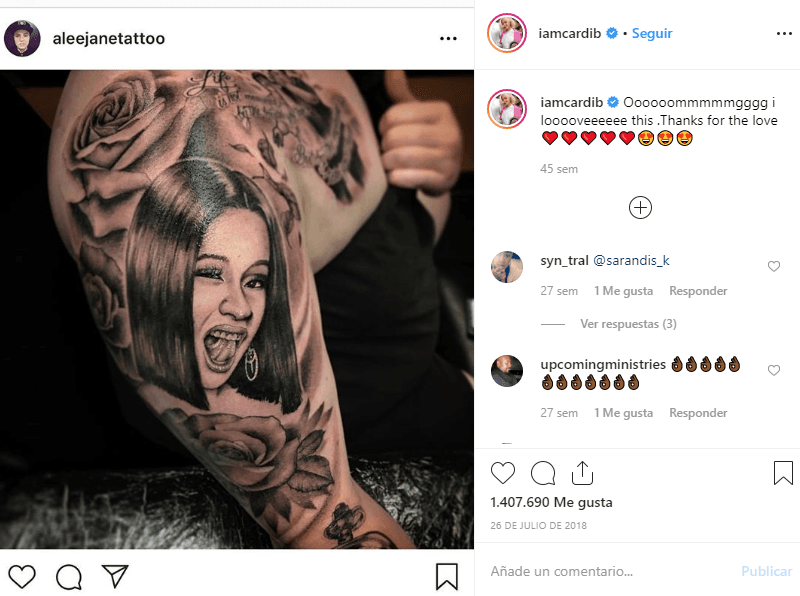 Cardi B no deja de agradecer las muestras de admiración y amor que le expresan sus seguidores por medio de estos tatuajes.