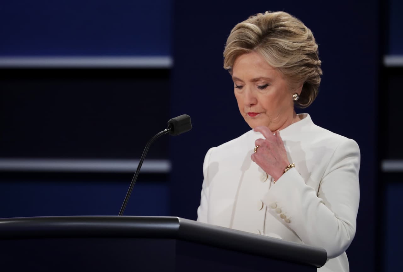 LAS VEGAS, NV - OCTOBER 19: Democratic presidential nominee former Secretary of State Hillary Clinton pauses during the third U.S. presidential debate at the Thomas & Mack Center on October 19, 2016 in Las Vegas, Nevada. Tonight is the final debate ahead of Election Day on November 8. (Photo by Chip Somodevilla/Getty Images)