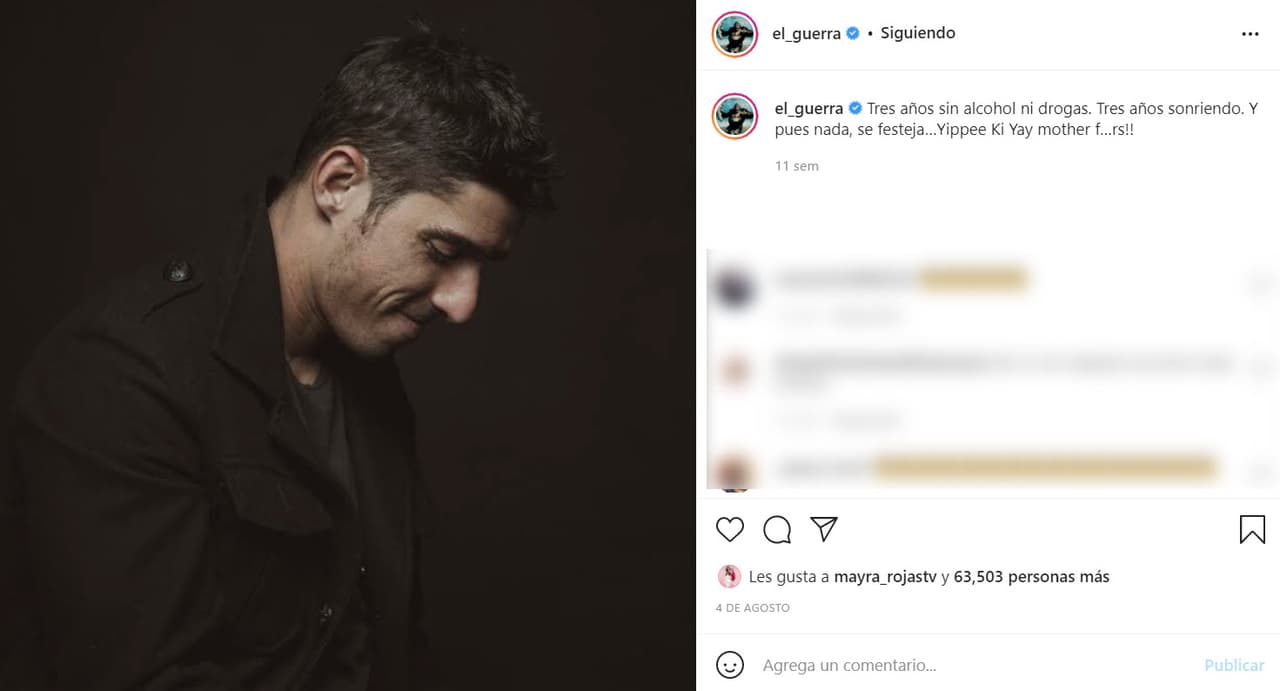 Acompañado de esta fotografía escribió: "
<b>Tres años sin alcohol ni drogas.</b> Tres años sonriendo. Y pues nada, se festeja… ¡Yippee Ki Yay mother f…rs!", escribió en Instagram haciendo alusión a la frase del personaje de Bruce Willis en la película 'Duro de matar'.
<br>