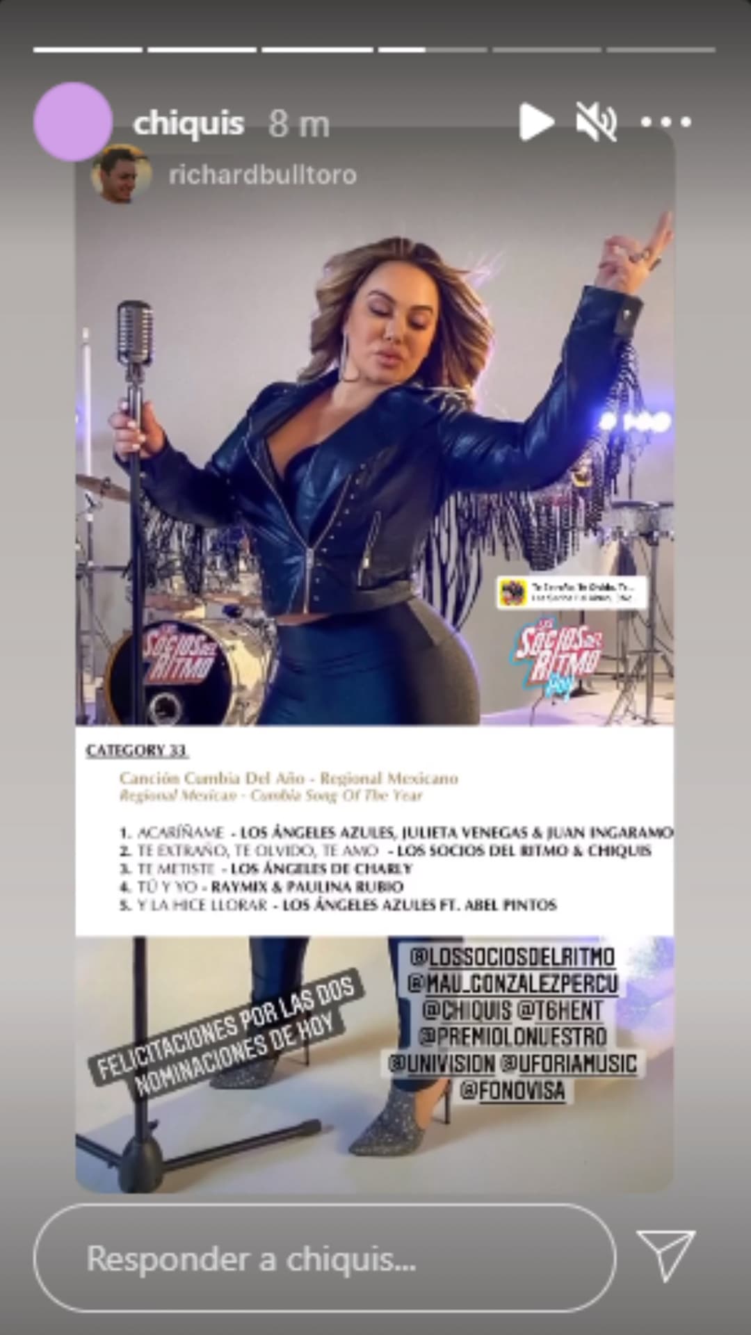 Como era de esperarse, 
<b>Chiquis Rivera también compartió en sus historias de Instagram el anuncio de las categorías</b> en las que compite con sus colegas en esta edición.
