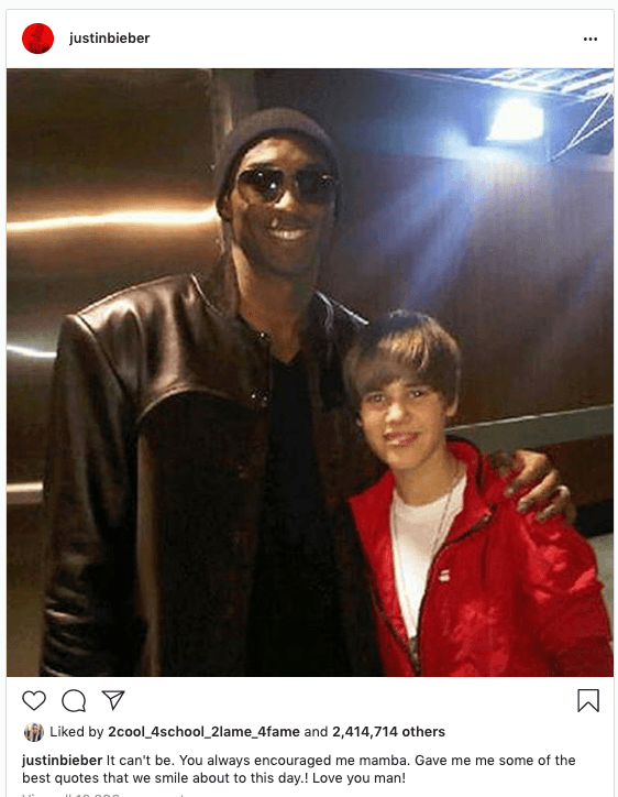 "No puede ser. Tú siempre me apoyaste Mamba", comentó Justin Bieber, quien recordó a Kobe Bryant con esta foto de cuando lo conoció.