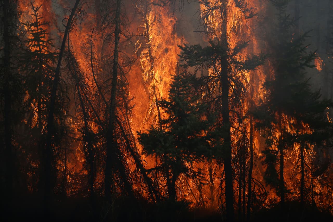 Imagen del pasado 6 de mayo de una carretera cerca de Fort McMurray cuando las llamas devoraban el bosque.