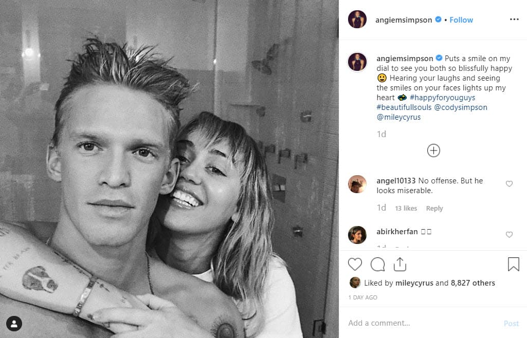 En una fotografía donde Miley abraza a Cody, Angie escribió: "Pone una sonrisa en mi rostro verlos a ambos tan felices. Escuchar sus risas y ver las sonrisas en sus rostros 
<b>ilumina mi corazón</b>. Feliz por ustedes chicos. Hermosas almas".