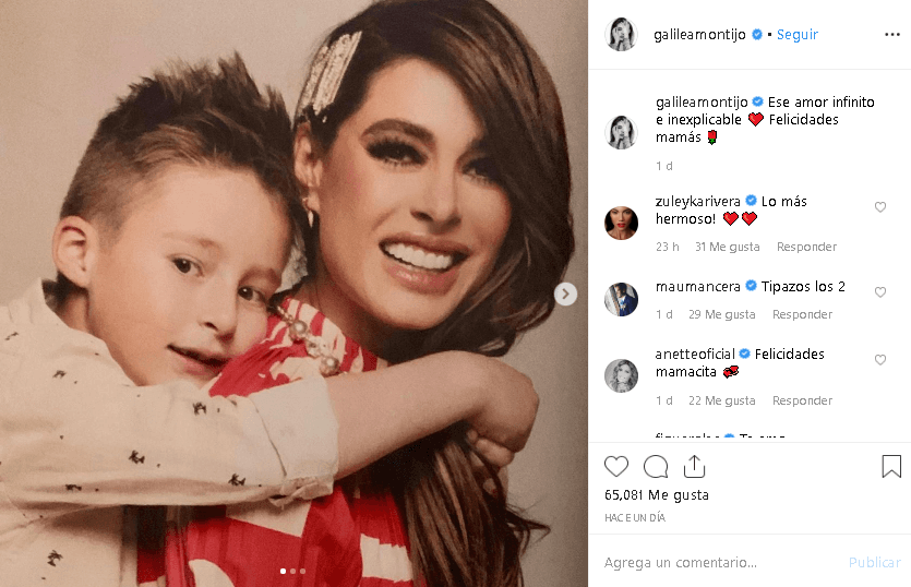Galilea Montijo, 
<a href="https://www.univision.com/shows/pequenos-gigantes/las-ninerias-de-galilea-montijo-fotos">conductora</a> de Pequeños Gigantes, subió una foto donde posa al lado de su hijo Mateo con una felicitación para todas las mamás.