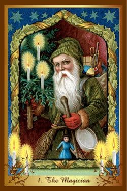 En este mazo navideño cada una las representaciones de los Arcanos Mayores son bellas imágenes de papás Noel, familias reunidas alrededor de la mesa, angelitos y felices duendes. En este caso, la primera carta, el Mago, es ni más ni menos que San Nicolás.