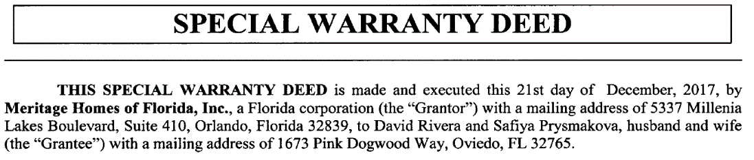 David Rivera y Safiya Prysmakova pagaron a finales de 2017 un poco más de medio millón de dólares por una casa en Oviedo, al norte del estado, según los registros de propiedad.