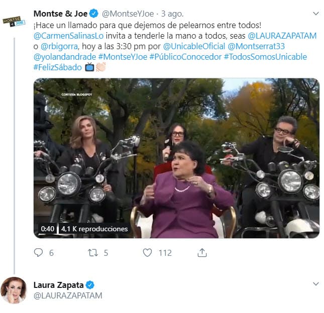 Yolanda también fue cuestionada por la molestia que Laura Zapata expresó en Twitter, luego de ver un sketch de Andrade y Carmen Salinas para el programa 'Moe & Joe', en donde mencionan a la villana de telenovelas mientras platican que los actores no deberían pelearse y deberían ayudarse entre ellos.
<br>