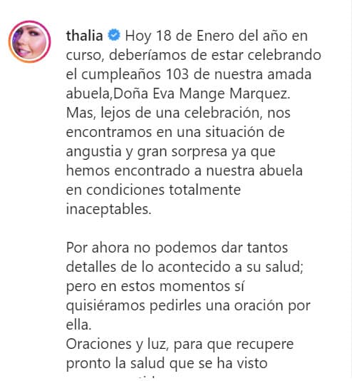 En su escrito mencionó que no podía dar mayores detalles y pidió una oración para doña Eva pues su salud "se ha visto comprometida".
<br>