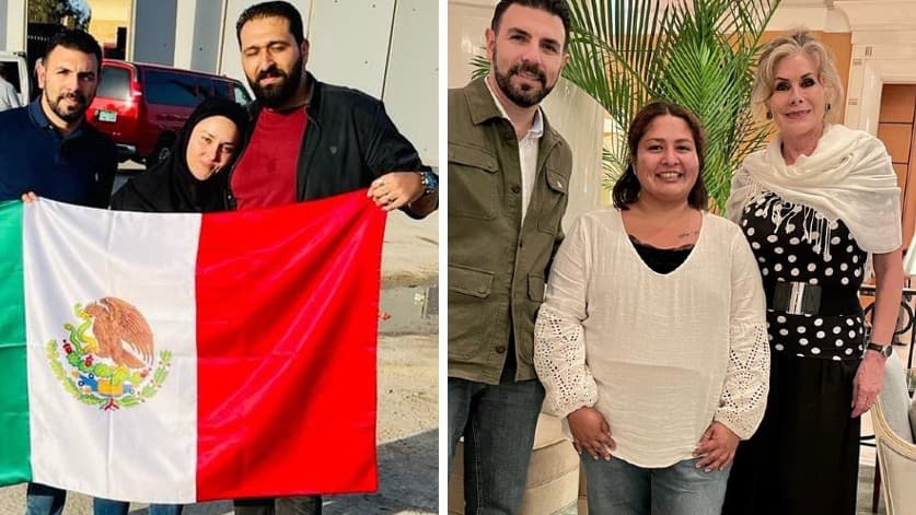 Bárbara Lango, acompañada de su esposo (izquierda) y Michelle Ravel (derecha). Ambas mexicanas lograron salir de Gaza entre el 1 y el 3 de noviembre de 2023.