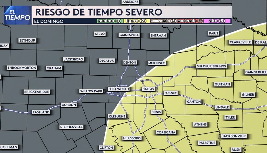 <b>Un nuevo frente frío pasará el domingo por el norte de Texas</b>, con posibilidad de tormentas, algunas de las cuales podrían ser severas. Las áreas al este del Metroplex, incluyendo Dallas, Ennis, Forney y Corsicana, se mantienen en
<b>un riesgo nivel 2, en una escala de cinco, de tiempo severo.</b>