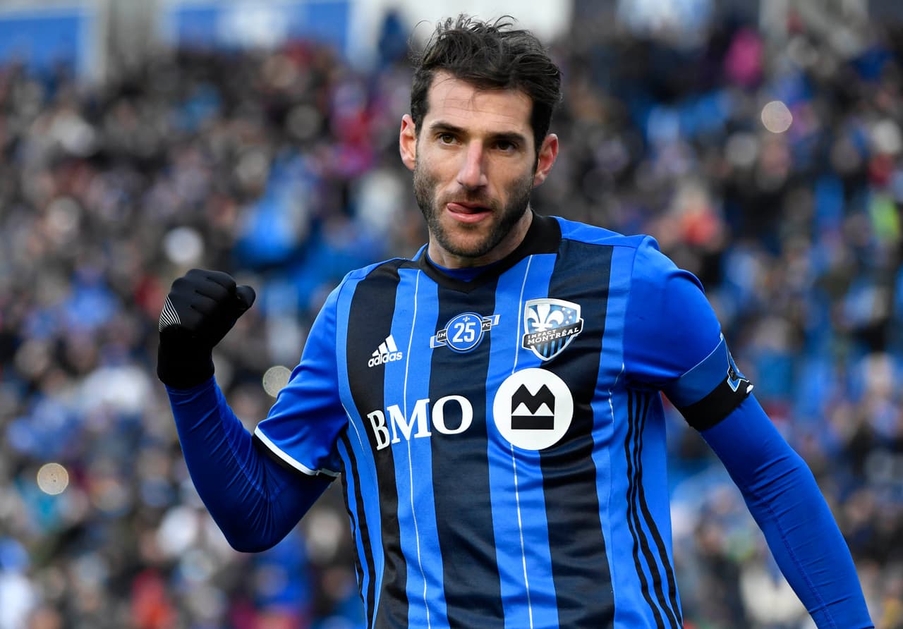 Oct 21, 2018; Montreal, Quebec, CAN; Montreal Impact midfielder Ignacio Piatti (10) reacts after scoring a goal during the second half of the game against the Toronto FC at Stade Saputo. Mandatory Credit: Eric Bolte-USA TODAY Sports