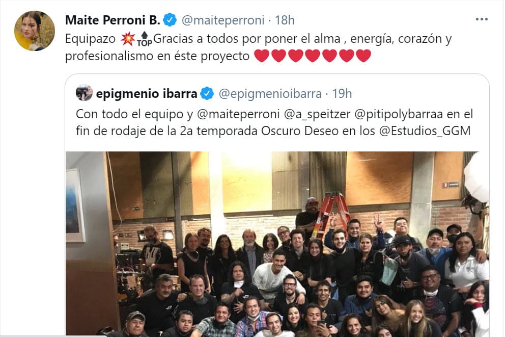 Además, se dejó ver con esta foto en el
<b><a href="https://twitter.com/maiteperroni/status/1403917264848629761" target="_blank">final de las grabaciones</a></b> de la segunda temporada de la serie 'Oscuro deseo', que protagoniza junto a Alejandro Speitzer.
<br>