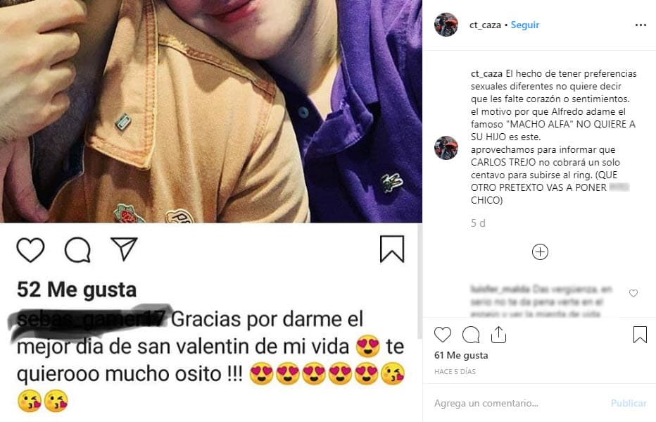 El pleito siguió de manera intermitente, el 28 de marzo de 2019 la guerra resurgió cuando 
<b>Trejo acusó a Adame de homofóbico al</b> 
<b>exhibir a Sebastián Adame Banquells</b>, hijo menor del actor, junto a su entonces pareja: "El hecho de tener preferencias sexuales diferentes no quiere decir que les falte corazón o sentimientos. El motivo por el que Alfredo Adame, el famoso 'macho alfa', no quiere a su hijo es este". El actor desmintió la declaración y demostró que en ese entonces mantenía buena relación con su hijo.