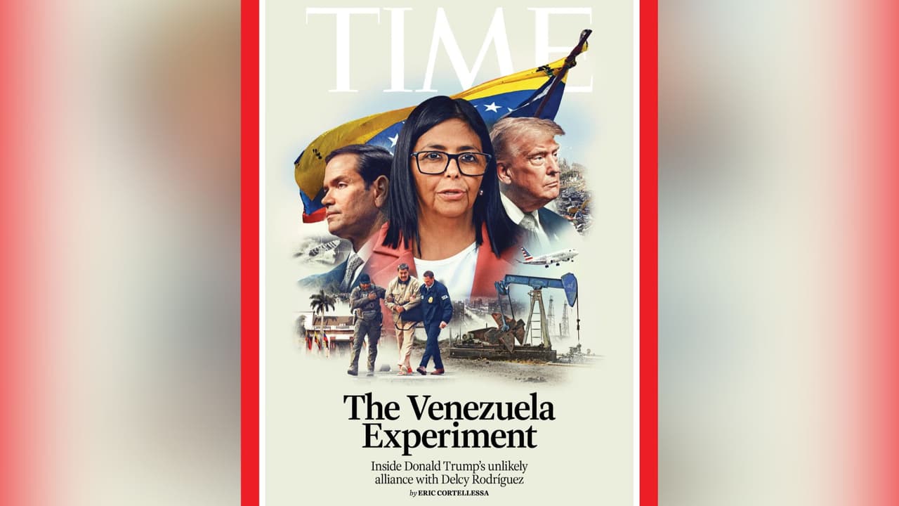Delcy Rodríguez llega a la revista Time en una portada acompañada por Donald Trump y Marco Rubio
