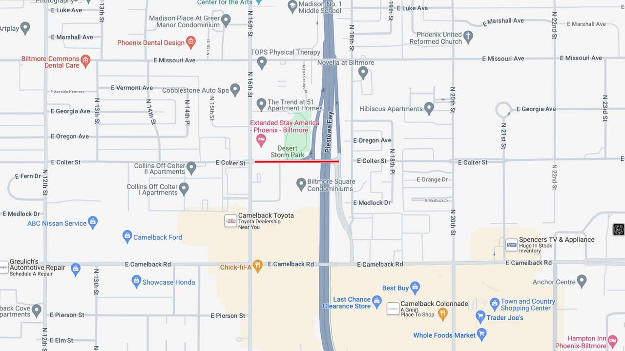 <b>Colter Street</b>
<br>Colter Street cerrará en ambas direcciones en SR 51 de 9 p.m. desde el viernes 19 de enero a las 5 a. m., hasta el lunes 22 de enero
<br>
<br>
<b>Rutas alternas</b>
<br>Considere rutas alternativas si es necesario, incluidas Bethany Home Road o Highland Avenue. Para conocer las condiciones de las carreteras en tiempo real puede visitar la página del 
<a href="https://www.az511.gov/" target="_blank">Departamento de Transporte de Arizona</a>, o llamar al 511. Crédito: Google Maps