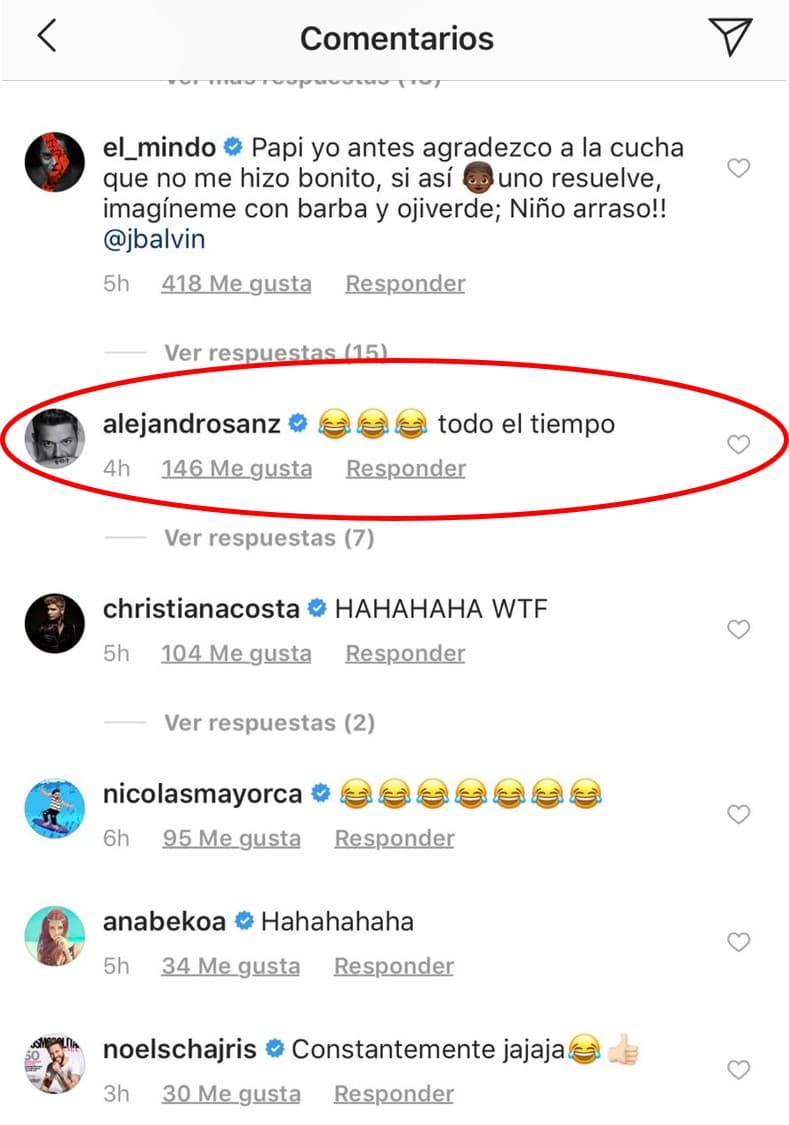 Algunos famosos reaccionaron al post de Balvin, como Alejandro Sanz, quien respondió: “😂😂😂Todo el tiempo”.
<br>