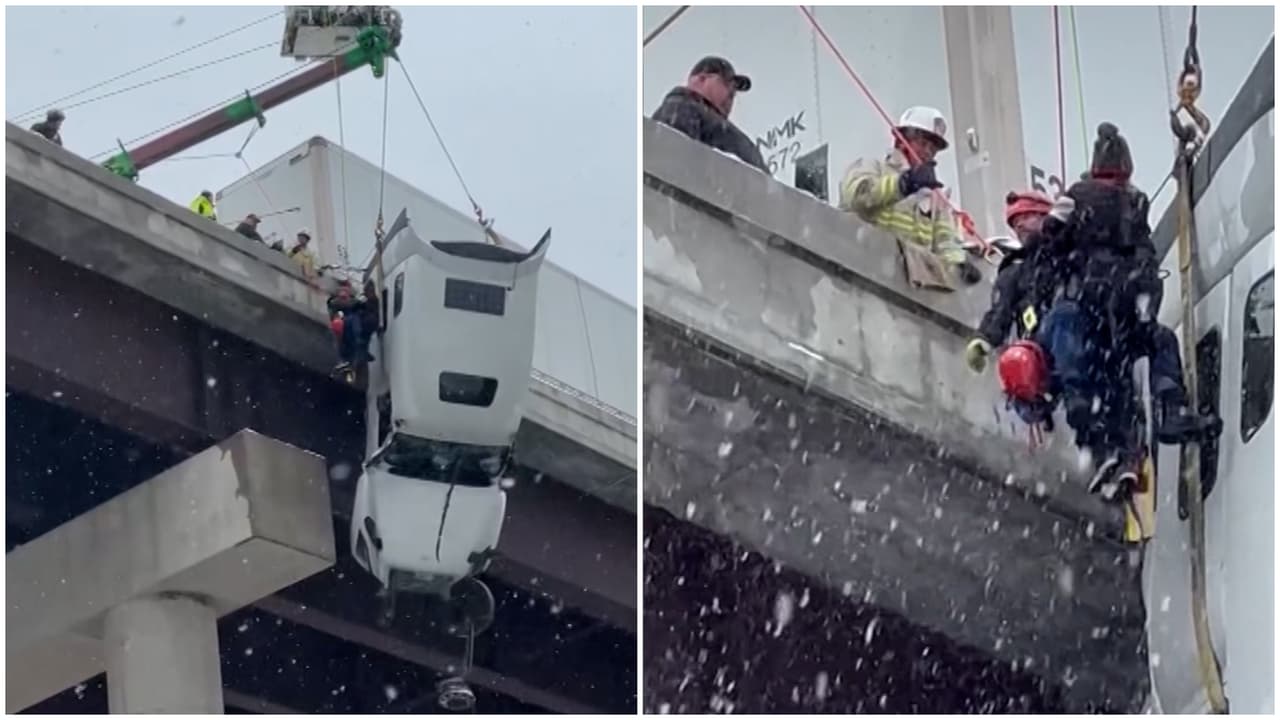 Cinco horas colgado: rescatan a camionero en un puente de West Virginia
