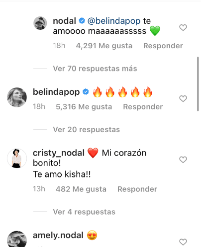Belinda volvió a escribir en la publicación: "Wow wow wow, te amo". A lo que el cantante respondió: "Te amo más". Finalmente, la intérprete de 'Sapito' comentó con cinco emojis de flamitas.