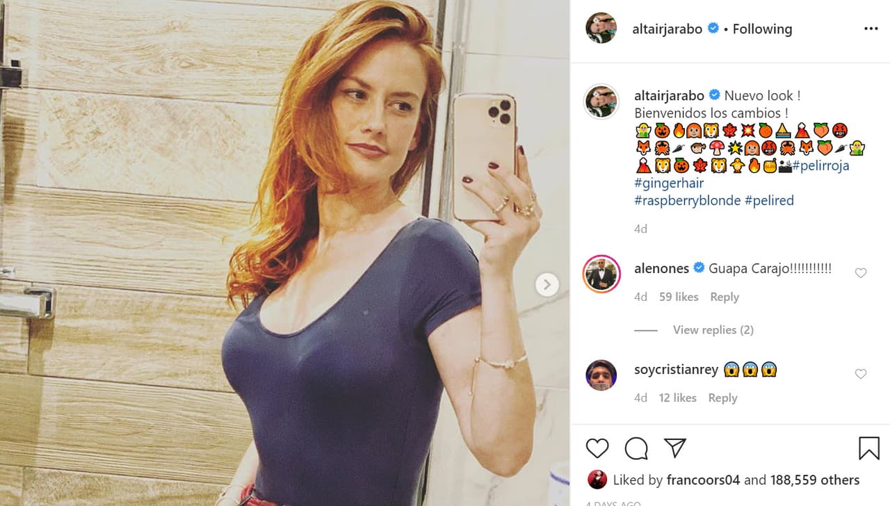 Ese día publicó
<b><a href="https://www.instagram.com/p/B9IbfKsHN_0/" target="_blank">esta foto</a></b> en la que evidenció un radical cambio de look: su nueva cabellera roja.
<br>