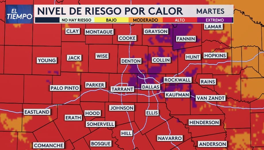 El martes, 
<b>el riesgo por las altas temperaturas alcanzará un nivel alto en la región</b>. En algunas zonas del Metroplex, incluido 
<b>Dallas, Denton, Collin, Kaufman y Rockwall, se elevará a extremo</b>.