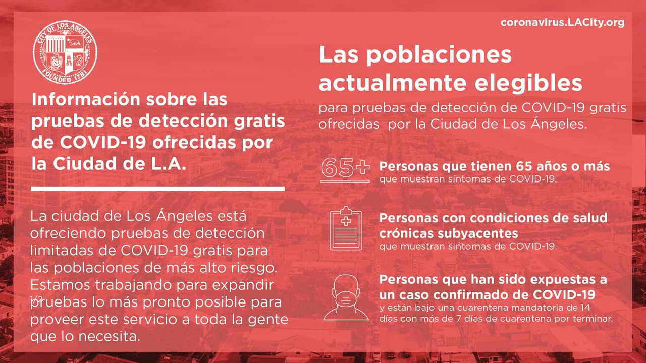 Las 
<a href="https://www.univision.com/local/los-angeles-kmex/crean-en-los-angeles-una-pagina-web-para-que-hispanos-puedan-inscribirse-a-la-prueba-del-coronavirus">pruebas de detección del coronavirus</a> son gratuitas y están disponibles para aquellas personas con síntomas de covid-19 como tos, falta de aliento o fiebre. También para las personas de 65 años o más, o tiene una condición crónica médica. 
<br>Pueden hacer una cita en 
<a href="https://t.co/rHWABmXUEl?amp=1" target="_blank">http://Coronavirus.LACity.org/Testing</a>