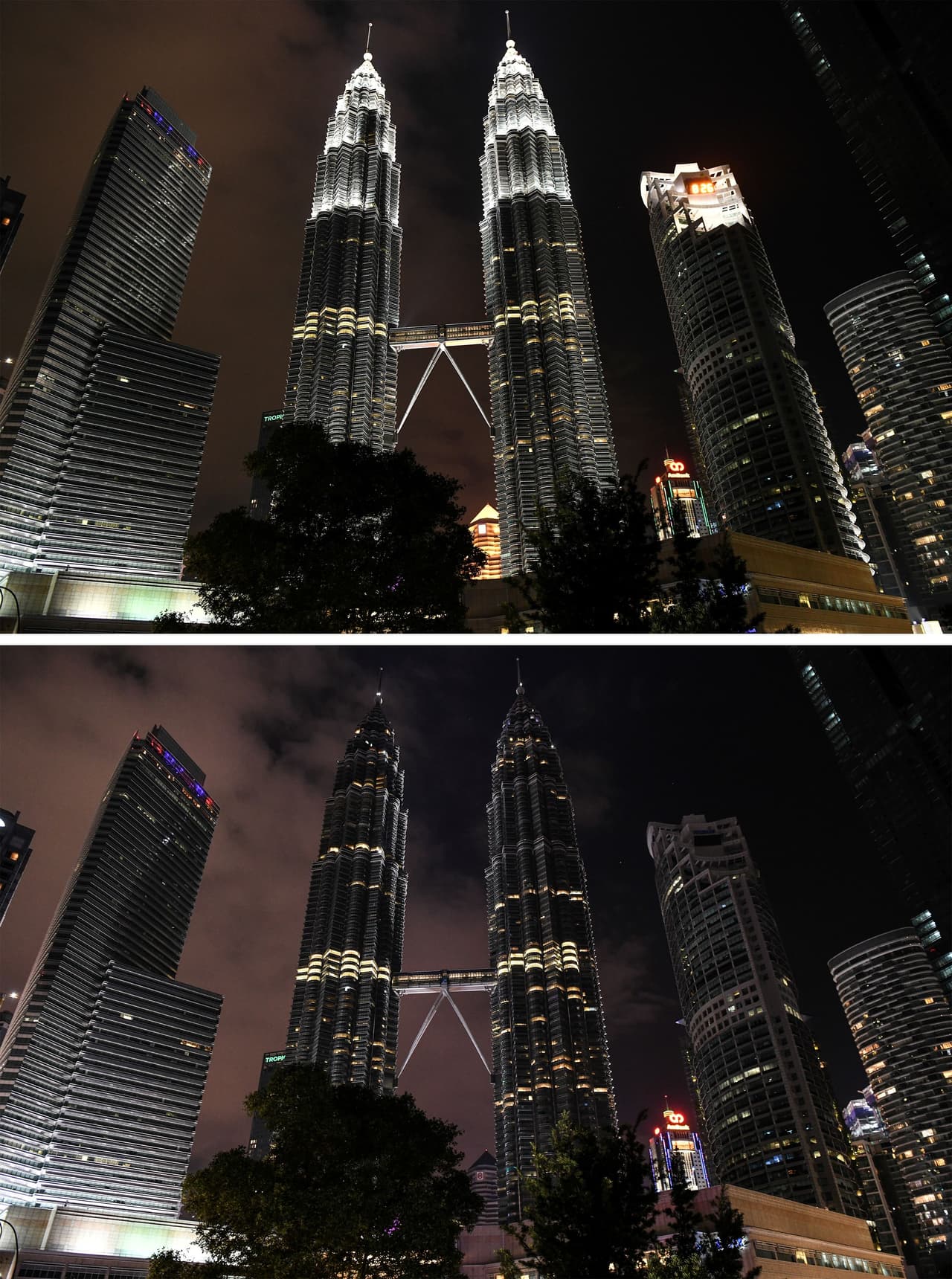 Las torres Petronas en Kuala Lumpur encendidas (arriba) y apagadas (abajo) durante la "Hora de la Tierra".