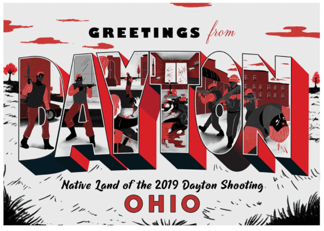 <b>“Saludos desde Dayton, la tierra del tiroteo de Dayton de 2019”.</b> La campaña afirma que el problema de los tiroteos se debe "en gran parte gracias a nuestro gobierno, fuertemente bajo la influencia de la Asociación Nacional del Rifle (NRA)". El 4 de agosto de 2019, “un hombre de 24 años mató a tiros a nueve personas e hirió a otras 17 en un bar”, 
<a href="https://www.univision.com/noticias/criminalidad/en-fotos-la-escena-del-crimen-tras-el-mortal-tiroteo-de-30-segundos-que-dejo-9-personas-muertas-en-dayton-ohio-fotos"><u>explica esta postal</u></a>.