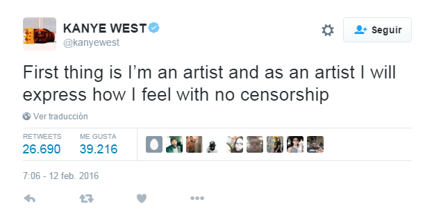 Él inició así la cadena Tweets: "Primero. Yo soy un artista y como artista tengo derecho de expresarme sin censura".