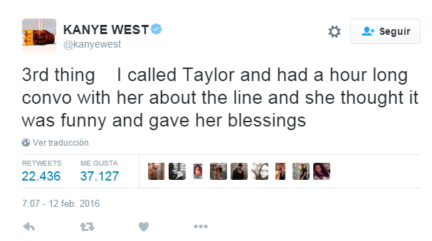 "Tercero. Yo le llamé a Taylor antes de grabar la canción para explicarle de qué se trataba, y ella pensó que era graciosa y también me envió sus bendiciones para publicarla".