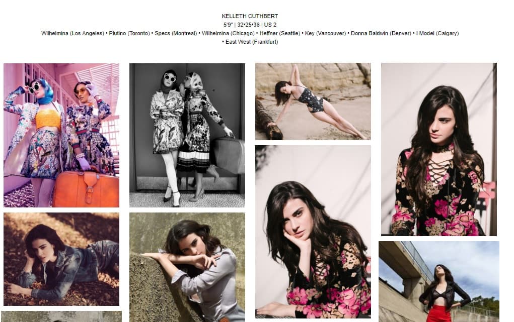 De acuerdo con la página web de Cuthbert, la modelo de 5 pies y 9 pulgadas de estatura ha trabajado para varias agencias, como Plutino en Toronto, Especificaciones en Montreal, Wilhelmina en Chicago, Heffner en Seattle, Key en Vancouver, Donna Baldwin en Denver, Modelo en Calgary y East West en Frankfurt, Alemania.