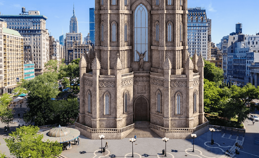 <b>Monumento a George Washington. </b>Esta masiva estructura tendría una altura de 425 pies y debía haberse levantado en la icónica y céntrica Union Square. El proyecto propuesto a mediados de 1800 fue aprobado oficialmente por la ciudad, con un costo estimado de 400,000 dólares. La estructura seguía un estilo gótico, pero nunca vio la luz debido a la falta de fondos y a cierta oposición por su diseño.