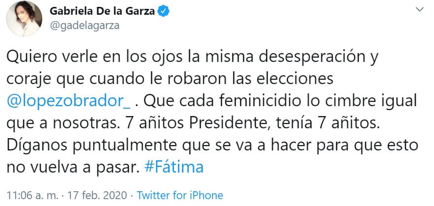 La actriz 
<b>Gabriela de la Garza</b>, protagonista de la serie 'Yago', mostró su indignación y pidió al presidente de México respuestas.