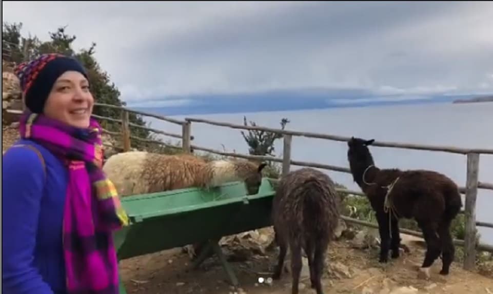 Aquí posa muy sonriente junto a las llamas que se encuentran a la orilla de La Isla del Sol, frente al lago Titicaca.