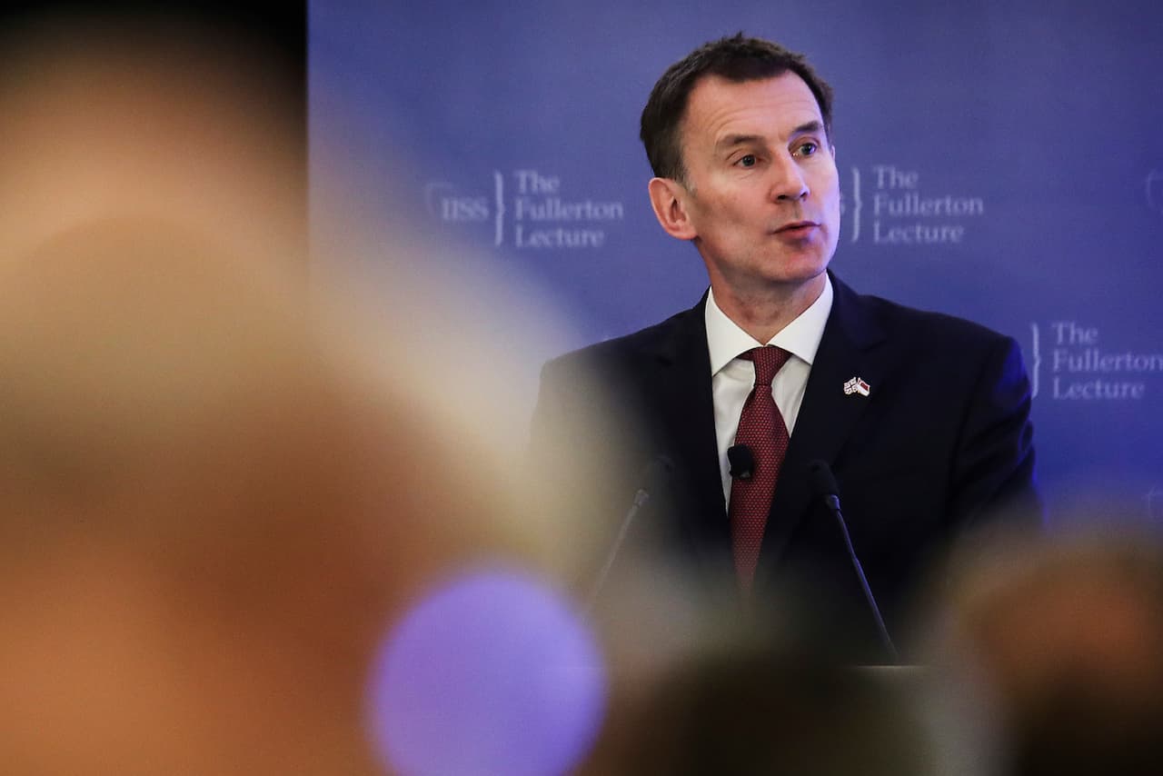 Britain's Foreign Secretary Jeremy Hunt speaks during the 34th International Institute for Strategic Studies (IISS) Fullerton Lecture in Singapore, Wednesday, Jan. 2, 2019. (AP Photo/Yong Teck Lim)