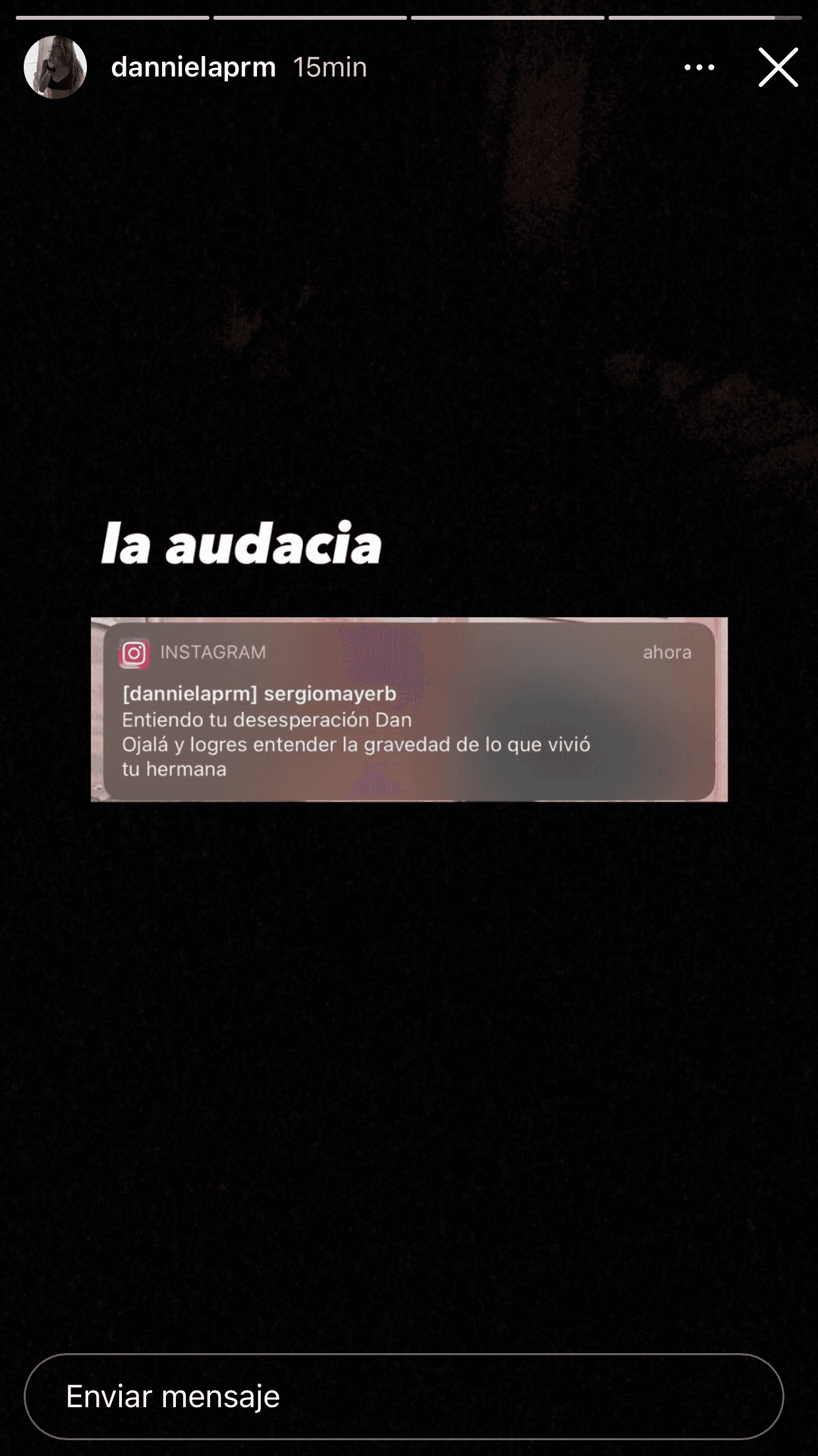 En el mensaje, el también actor habría respondido a la petición de la joven para que no se involucre en el caso: "Entiendo tu desesperación, 'Dan'. Ojalá y logres entender 
<b><a href="https://www.univision.com/famosos/hija-de-alicia-villarreal-abuso-sexual-otros-hijos-famosos-victimas-fotos">la gravedad de lo que vivió tu hermana</a>"</b>, dice el texto. 
<br>